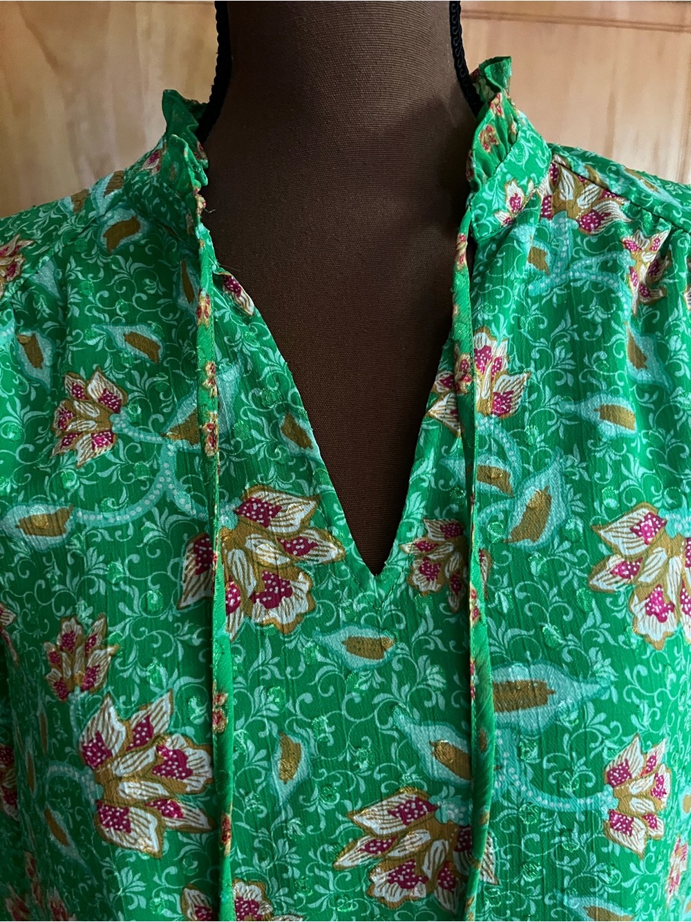 Joie Green Floral Tie-Neck Long Sleeve Blouse - Picture 2 of 11